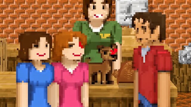 Man arriving in red-shirt sliding folder, women signing papers to buy brown animal at wooden stall