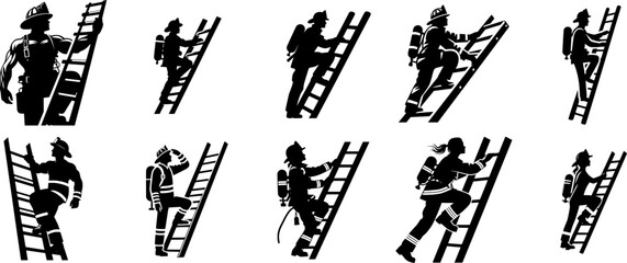 Clean bold vector silhouette of firefighter climbing ladder, minimal flat shape, isolated on white.