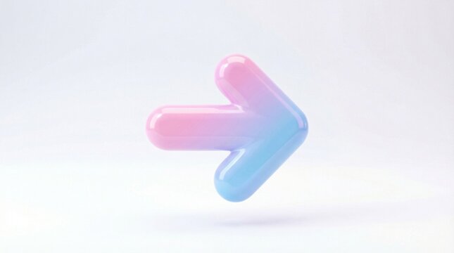 A 3D rendering of a cute "right-side arrow icon" with a rounded, sleek shape, shiny plastic texture, pastel pink and blue gradient colors, floating on a minimal, soft lighting, futuristic icon.