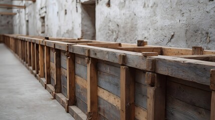 Long wooden formwork structure runs along a rough unfinished interior wall