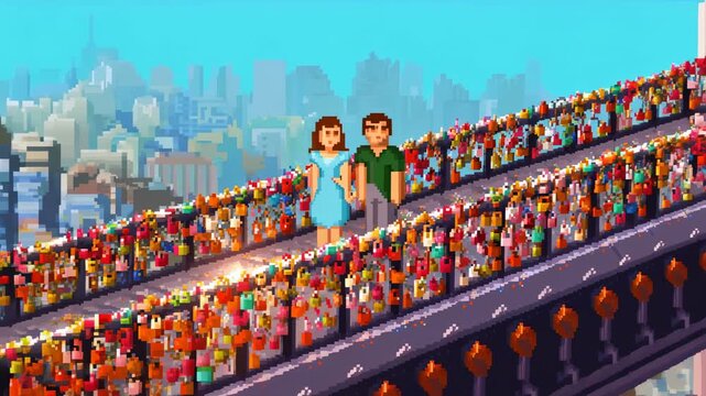Reaching woman in blue dress securing padlock on bridge, couple walking toward center showing love