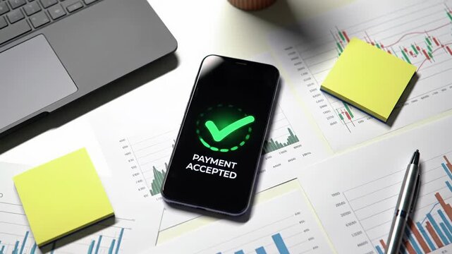 A static flat lay video shows a modern smartphone on a white desk, displaying a digital payment success with charts, laptop, and coffee cup in soft lighting. Concept of digital finance transaction