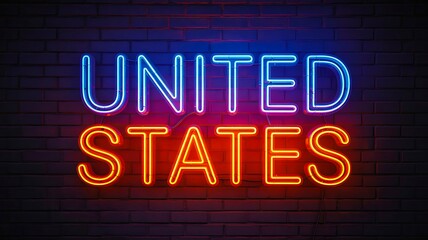 Obraz premium Neon united states text glowing on brick wall background 