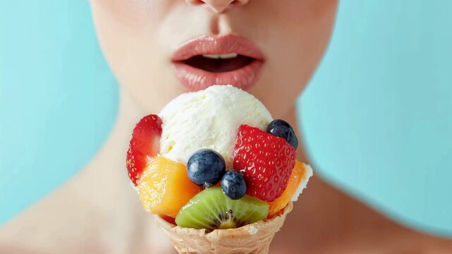 Close up of a female eating ice cream and fruits 