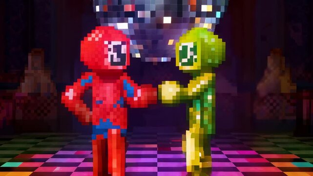 Music driving pixel dancers glossy suits clasping hands syncing on checkered floor under disco ball