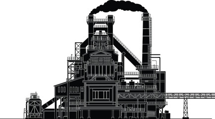 Industrial steel mill factory silhouette with smoking chimneys, heavy machinery, blast furnace structures, and metal production facility isolated on white background for engineering. © Monira