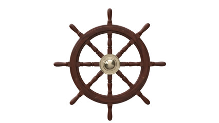 Isolated vintage ship wheel, wooden and metallic nautical helm for sailing and boat travel