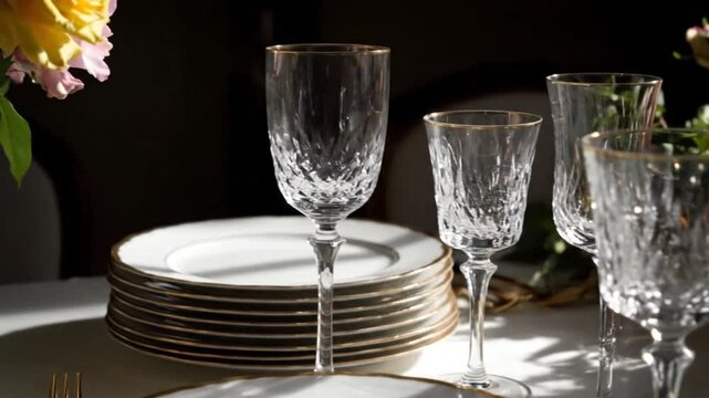 Observe a stunning floral arrangement of vibrant roses in a decorative vase, beautifully contrasted with elegant dinnerware and sparkling crystal glasses on a sunlit table.