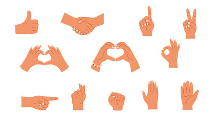 Hand gestures set. Human hands showing different signs and emotions