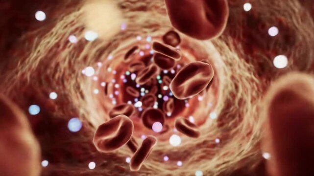 extreme macro video: crimson red blood cells & glowing iridescent particles flow rapidly inside a reddish-brown blood vessel with organic walls, vital medical animation concept