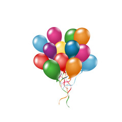 Colorful bunch of glossy balloons with curling ribbons, festive party decoration, isolated on transparent background