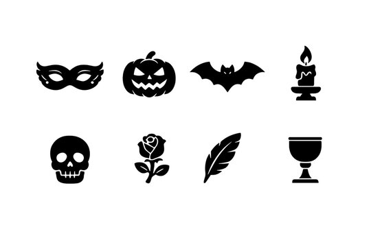 Halloween masquerade. Filled icon set of Halloween masquerade: masquerade mask, pumpkin lantern, bat, candle,