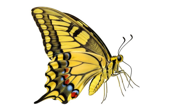 Isolated swallowtail butterfly with yellow wings, black patterns, delicate antennae, legs