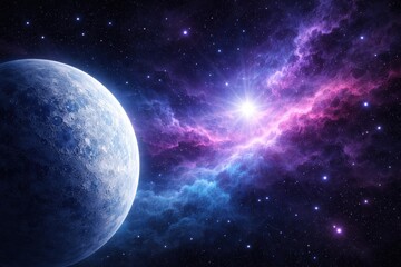 Fototapeta premium A mysterious, cratered alien planet fills the left frame, illuminated by a brilliant, distant star amidst a swirling, vibrant blue and purple cosmic nebula.