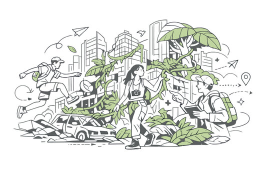 A jungle overtaking an abandoned futuristic city. Dense vines and giant leaves crawl over silent skyscrapers,