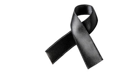 A black ribbon, symbol of mourning, is isolated against a black background