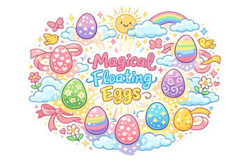 Fototapeta premium Magical Floating Eggs. Hand-drawn doodle illustration of Magical Floating Eggs. glowing Easter eggs, floating