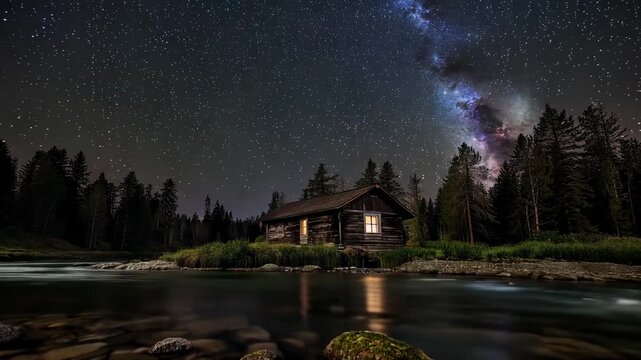 Panning camera revealing wooden log cabin with lit window at river night, framing Milky Way