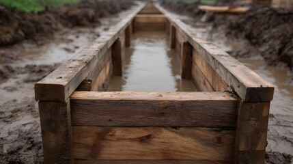 A detailed view of a wooden formwork trench filled with muddy water constructed for drainage or foundation work on an outdoor site