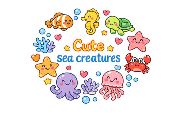 Fototapeta premium Cute sea creatures. Hand drawn illustration of Cute sea creatures. happy fish faces, smiling seahorse, baby
