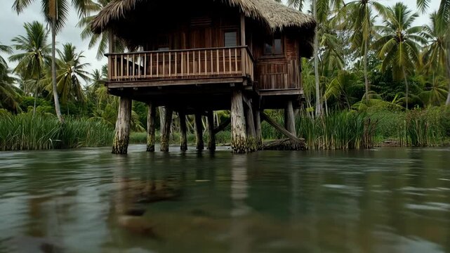 Entering channel, camera gliding through reeds to wooden stilt hut on water, showing barnacle posts