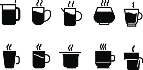 Comprehensive set of steaming hot beverage icons featuring diverse coffee cups, tea mugs, and drink containers in a clean, modern glyph style vector illustration.