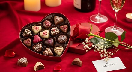 Obraz premium romantic valentine's day gift with heart shaped chocolate box, red rose, wine and candle.