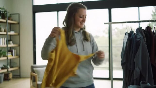A young caucasian woman in a grey hoodie sorts clothes in a sun-drenched modern living room, playfully twirling with a yellow top, then efficiently packing. Concept of home organization
