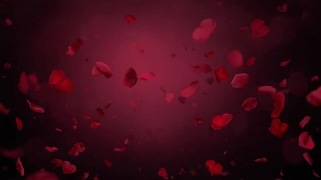 Gentle gusts sending red rose petals swirling over dark maroon gradient backdrop, creating depth
