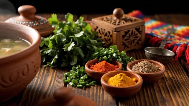 Discover a steaming, savory soup served in a rustic clay pot, surrounded by vibrant fresh herbs and exotic spices on a charming wooden table, ideal for a cozy meal.