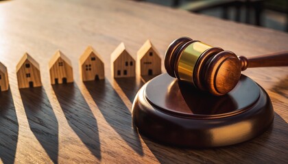 Wooden gavel next to a row of miniature house models on a rustic table, symbolizing property law, real estate auction and housing market regulations, legal advice, mortgage and insurance