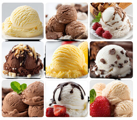 Nine square images of various ice cream scoops, flavors, and toppings
