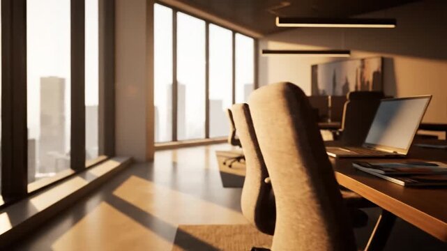 Explore a modern office interior with panoramic city views at sunset. Sunlight streams through tall windows, illuminating sleek workstations and empty chairs. Perfect for inspiring