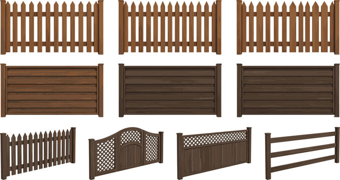 Wooden fence and gate collection featuring rustic garden boundary panels, picket fencing and wood barrier designs for landscape yard and property decoration