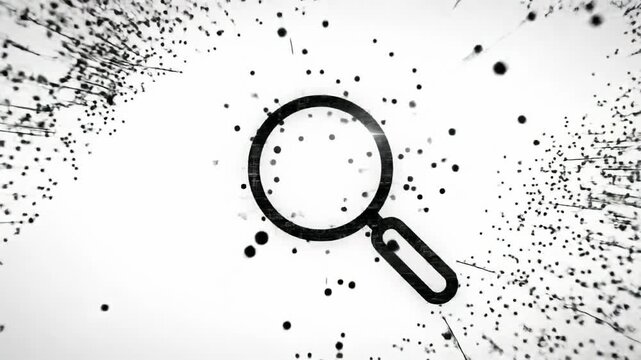 Black dots and lines flow to form a sharp magnifying glass icon with a digital highlight on a pure white background, then deconstruct. Concept of data analysis and digital precision
