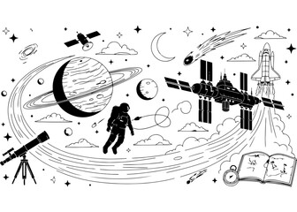 Space exploration astronaut coloring page featuring planets stars comet satellite and cosmic adventure in the galaxy for kids science education books and future astronomy themed project designs. © MASUM