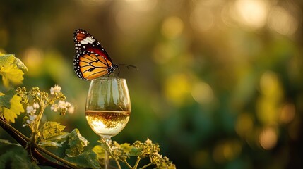 Butterfly on wine glass at vineyard sunset
