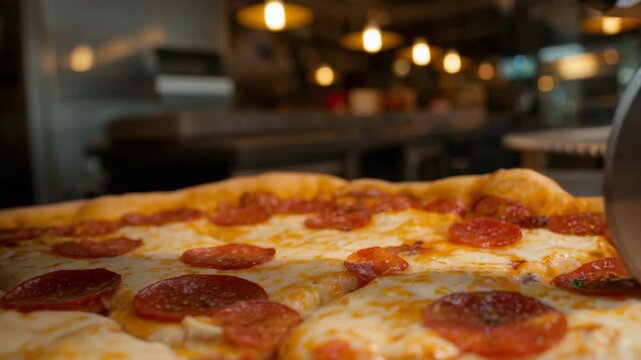 Rotating wheel contacting cheese, steel cutter slicing pepperoni pizza in pizzeria, making slices