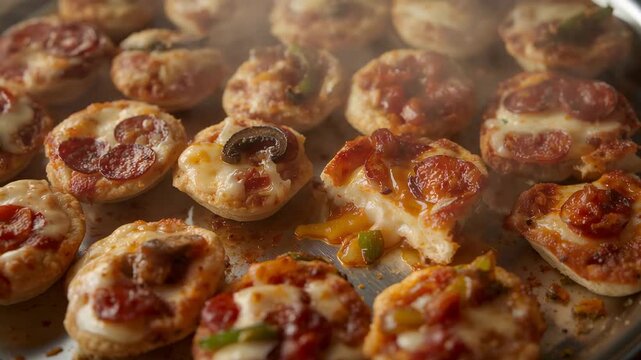 Steaming metal baking tray holding mini pizzas fresh from oven in kitchen showing missing wedge