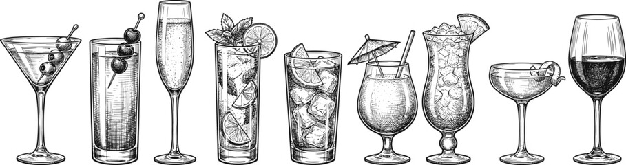 Cocktail glass illustration set featuring classic mixed drinks, wine and spirits, detailed hand drawn bar beverage sketches for menu design branding projects © Creative Vector