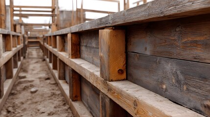 Wooden formwork for concrete pouring is constructed in a trench on an outdoor construction site ready for foundation work