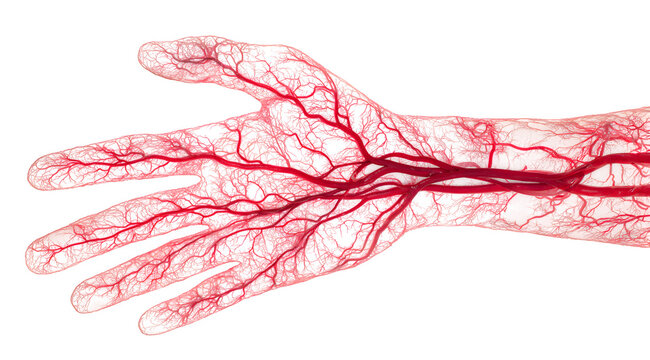 Detailed transparent illustration of human hand showing veins and arteries
