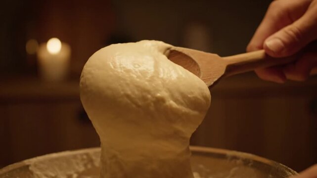 Watch a skilled baker's hands gently mix soft, white dough with a wooden spoon in a cozy, dimly lit kitchen, preparing delicious homemade bread.