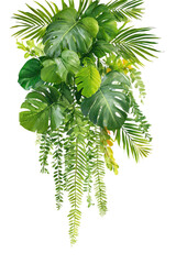 Lush, cascading foliage arrangement.  Vibrant green leaves of various shapes and textures hang downward