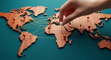 Wooden world map with red pins and golden string, connected by line, and a hand adding a white pin, representing global connection, network, expansion