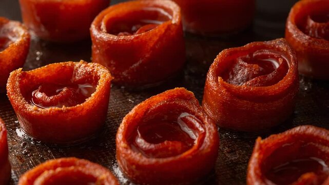 Rendering pepperoni cups crisping edges and pooling oil on tray in kitchen by oven heat