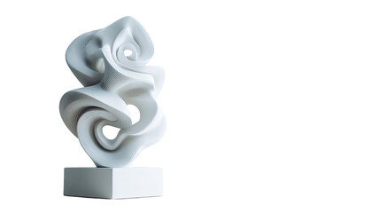 modern abstract white sculpture with flowing organic curves displayed on pedestal isolated on white background showcasing contemporary art design
