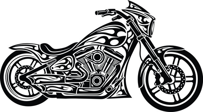 Detailed black and white cruiser motorcycle illustration with stylized tribal flame graphics.