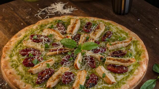 Moving camera framing finished pizza on wood tabletop, showing pesto, grilled chicken, basil