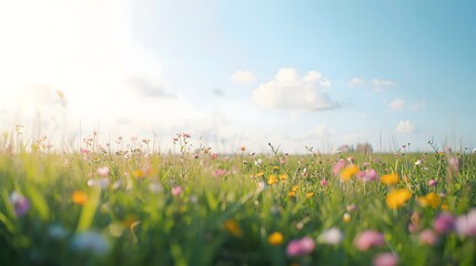 Fototapeta premium Vibrant flowers bloom in a lush green field under a clear blue sky